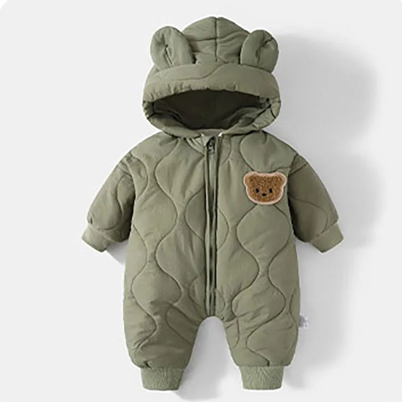 Winter Baby Bear Romper – Cozy Hooded Jumpsuit with Ears (Green, Brown & White)