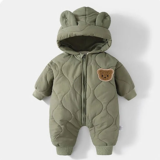 Winter Baby Bear Romper – Cozy Hooded Jumpsuit with Ears (Green, Brown & White)
