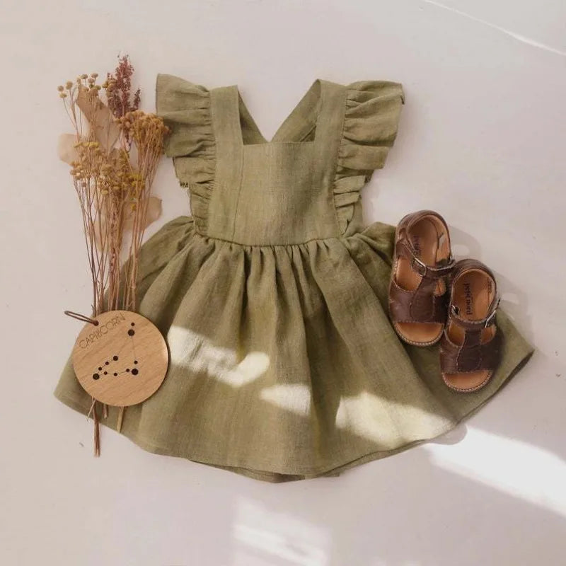 Baby Girl Ruffle Linen Dress | Sleeveless Summer Toddler Dress with Bow