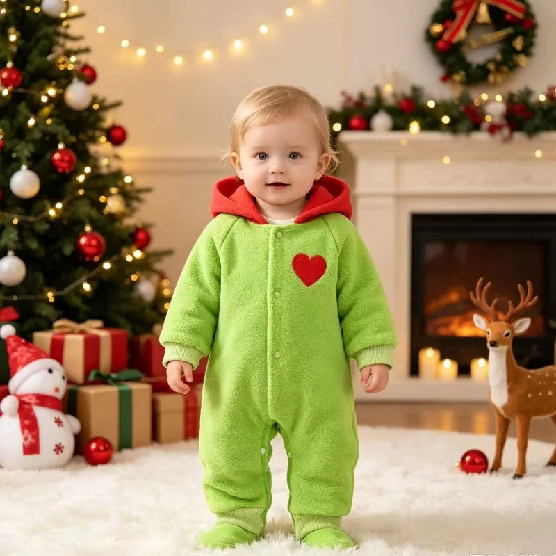 Newborn Infant Baby Boys Girls Christmas Romper Green Fleece Jumpsuit With Red Hood And Heart Warm Outfit 0 24M