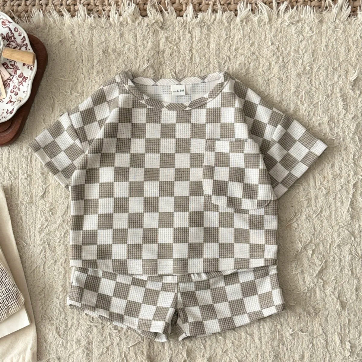 Toddler Checkered Outfit Set | Neutral Baby Summer T-Shirt & Shorts Set