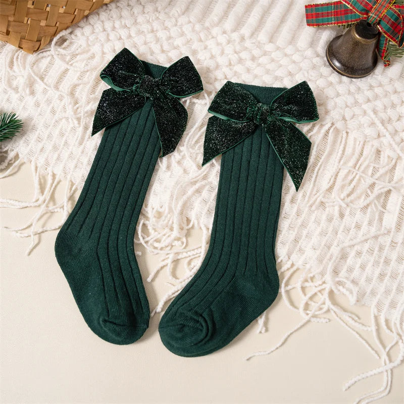 Velvet Bow Knee-High Socks for Baby Girls – Holiday & Everyday Outfit Accessory | MGK & Co