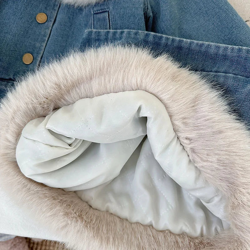 Retro Denim Faux Fur Kids Set | Autumn 2-Piece Jacket & Skirt Outfit