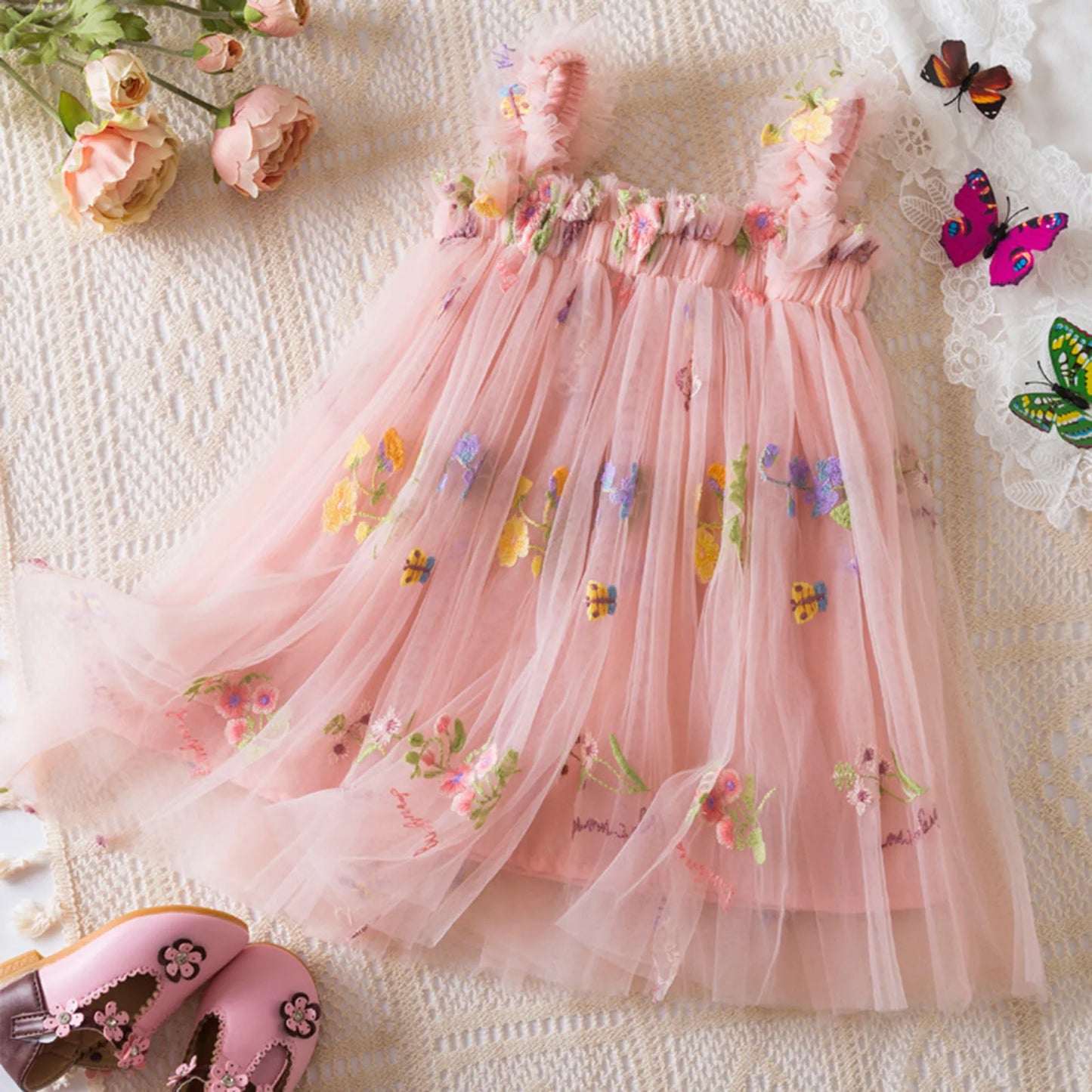 Baby Girl Floral Tulle Dress | Embroidered Princess Party Dress for Toddler