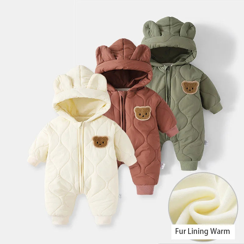 Winter Baby Bear Romper – Cozy Hooded Jumpsuit with Ears (Green, Brown & White)