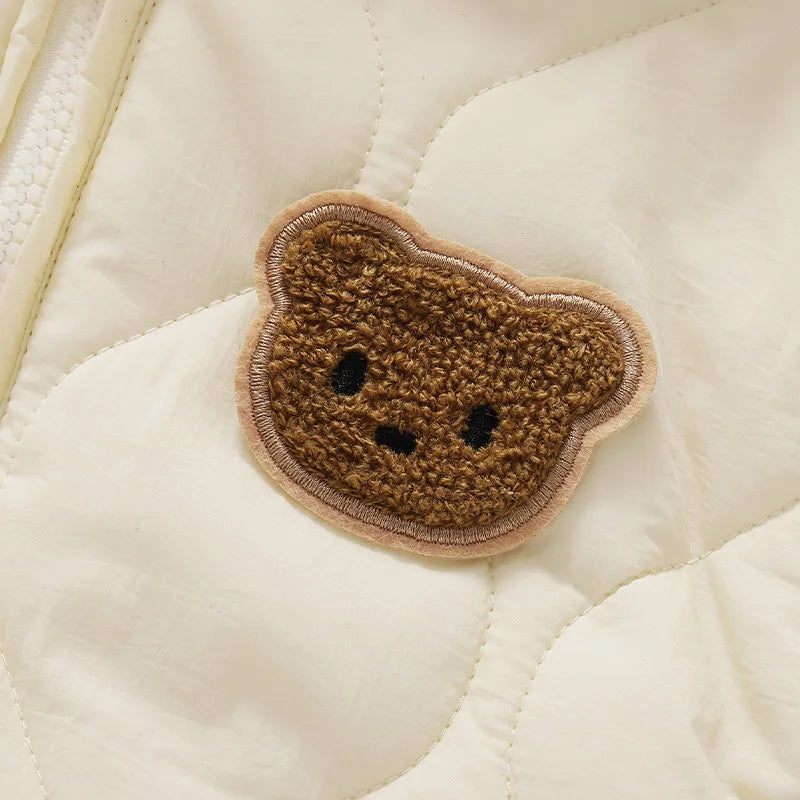 Winter Baby Bear Romper – Cozy Hooded Jumpsuit with Ears (Green, Brown & White)