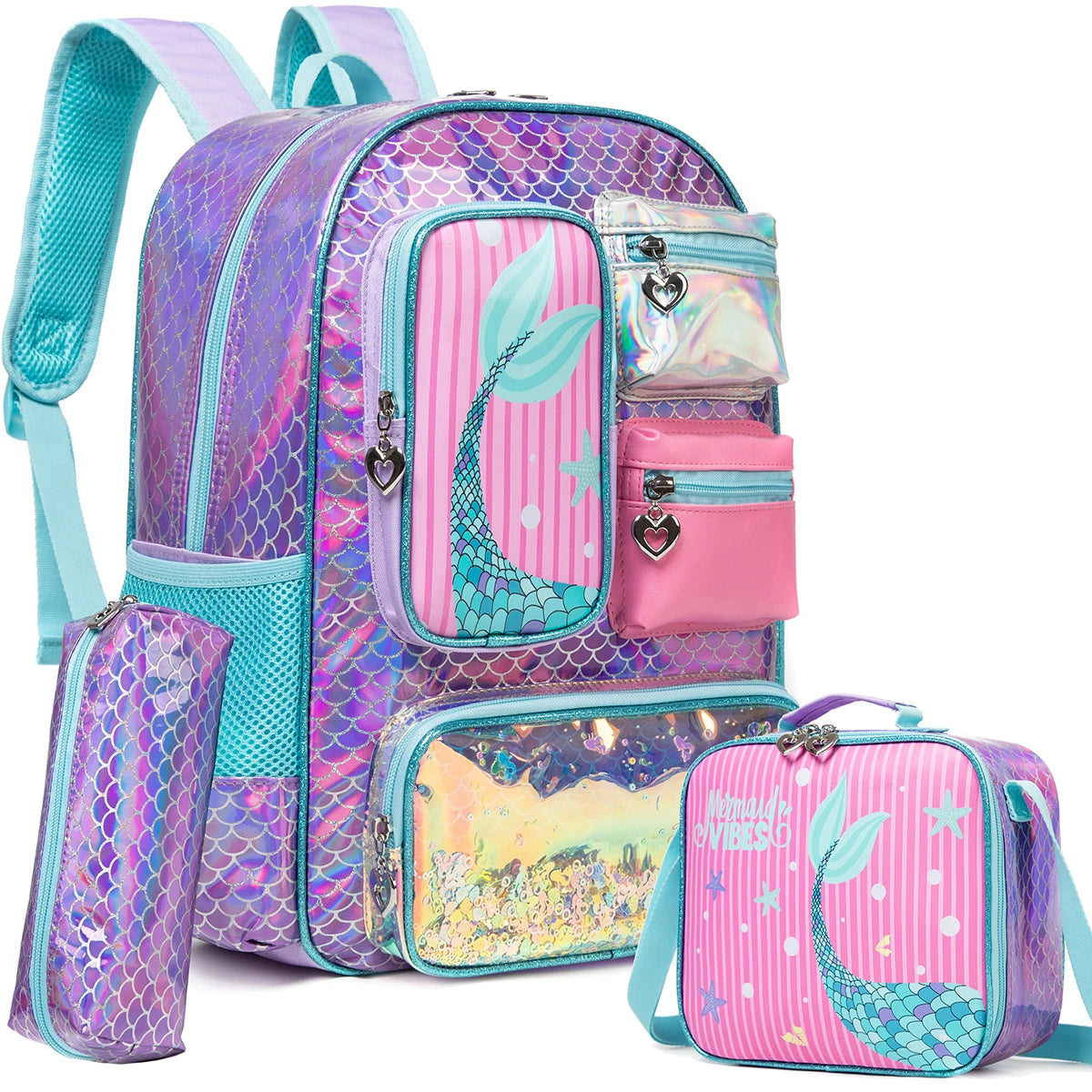 3-Piece Mermaid Backpack Set for Girls – School Backpack, Lunch Bag & Pencil Case