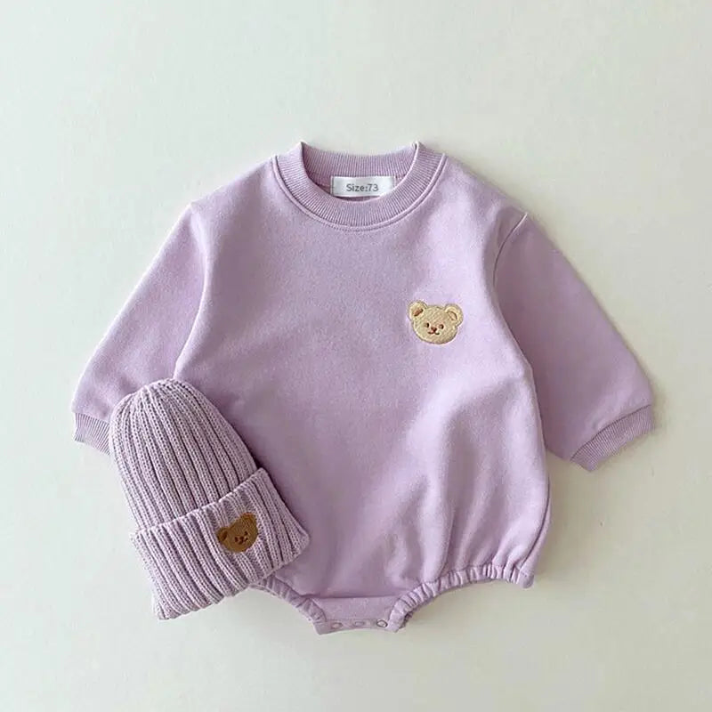 Baby Unisex Long Sleeve Romper | Soft Cotton Bear Embroidered Infant Bodysuit