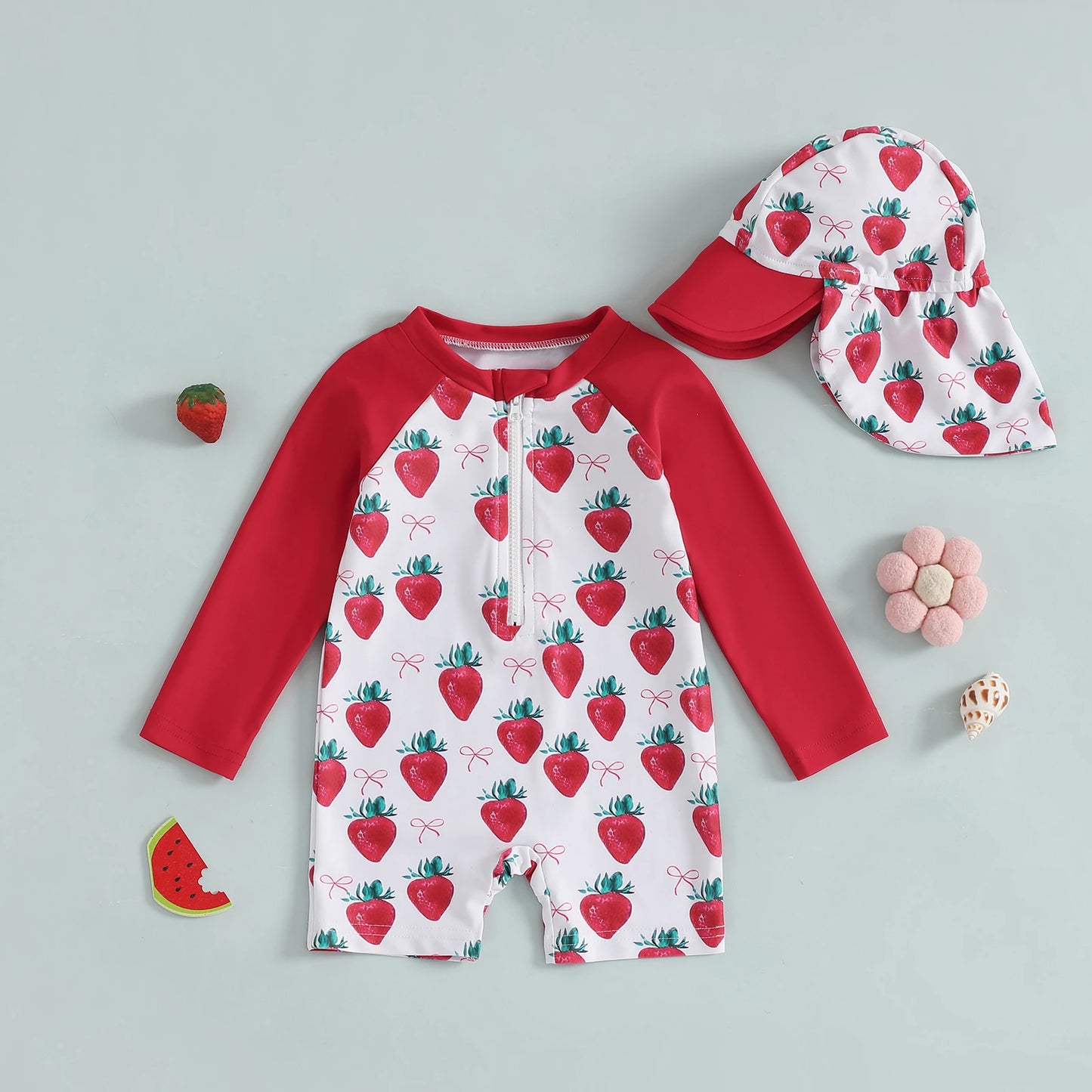 Baby Girl Strawberry Swim Romper Set | UV Sun Hat Summer Swimsuit