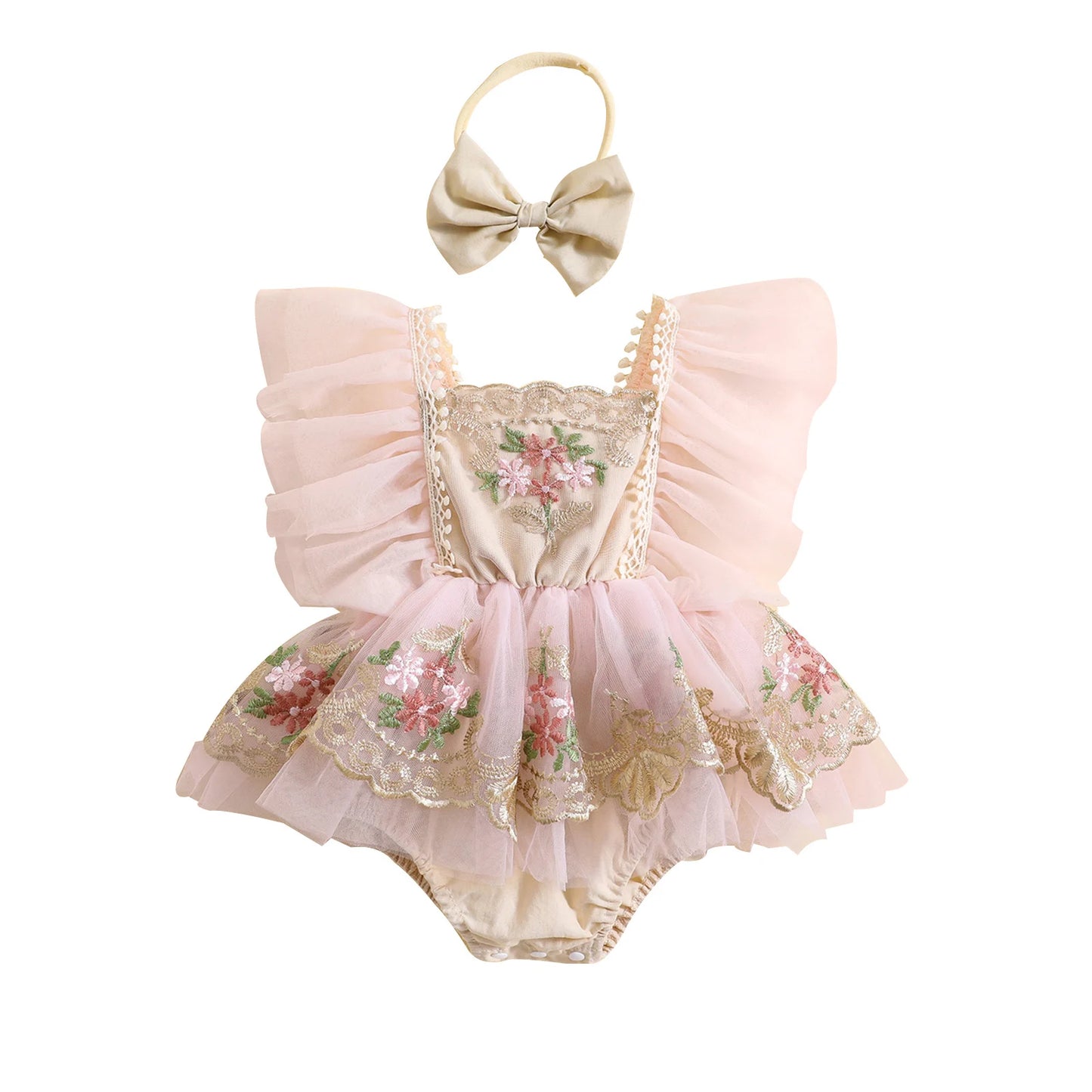 Baby Girl Princess Dress Romper | Lace Tulle Embroidery Outfit with Headband