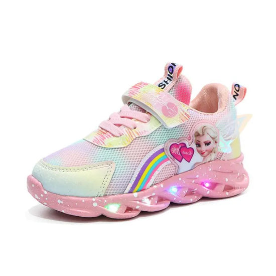 Princess LED Casual Sneakers Pink Purple For Spring Girls Princess Print Outdoor Shoes Children Lighted Non-slip Shoes