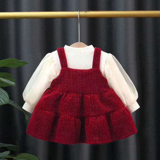 Baby Girl Winter Outfit | Cherry Velvet Dress & Sweater Set
