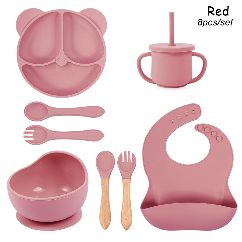 Baby Silicone Feeding Set – 8Pcs Suction Bowl, Bear Plate, Cup with Straw | Non-Slip Kids Tableware