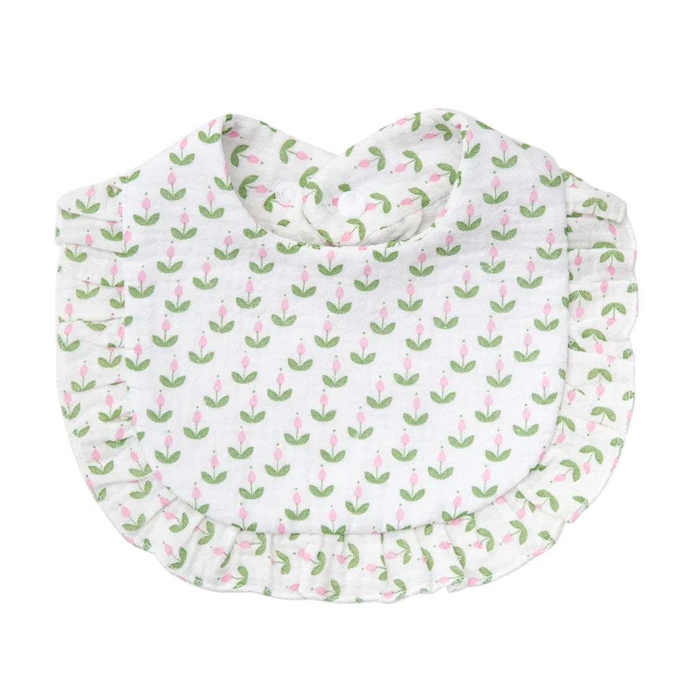 Ruffle Edge Baby Bib – Adjustable Snap Muslin Cotton Bib for Girls