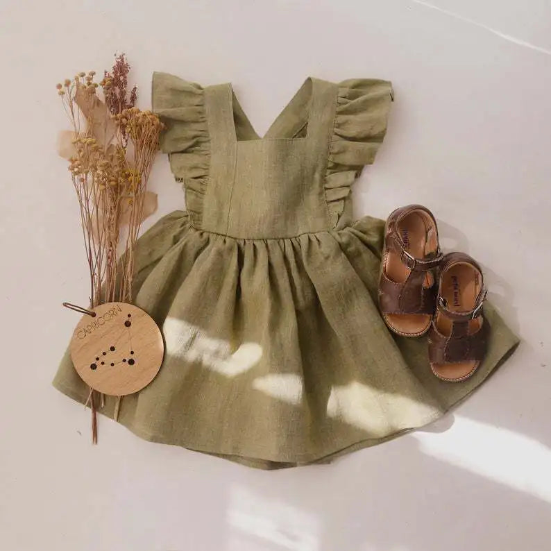 Baby Girl Ruffle Linen Dress | Sleeveless Summer Toddler Dress with Bow