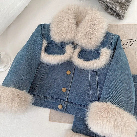 Retro Denim Faux Fur Kids Set | Autumn 2-Piece Jacket & Skirt Outfit