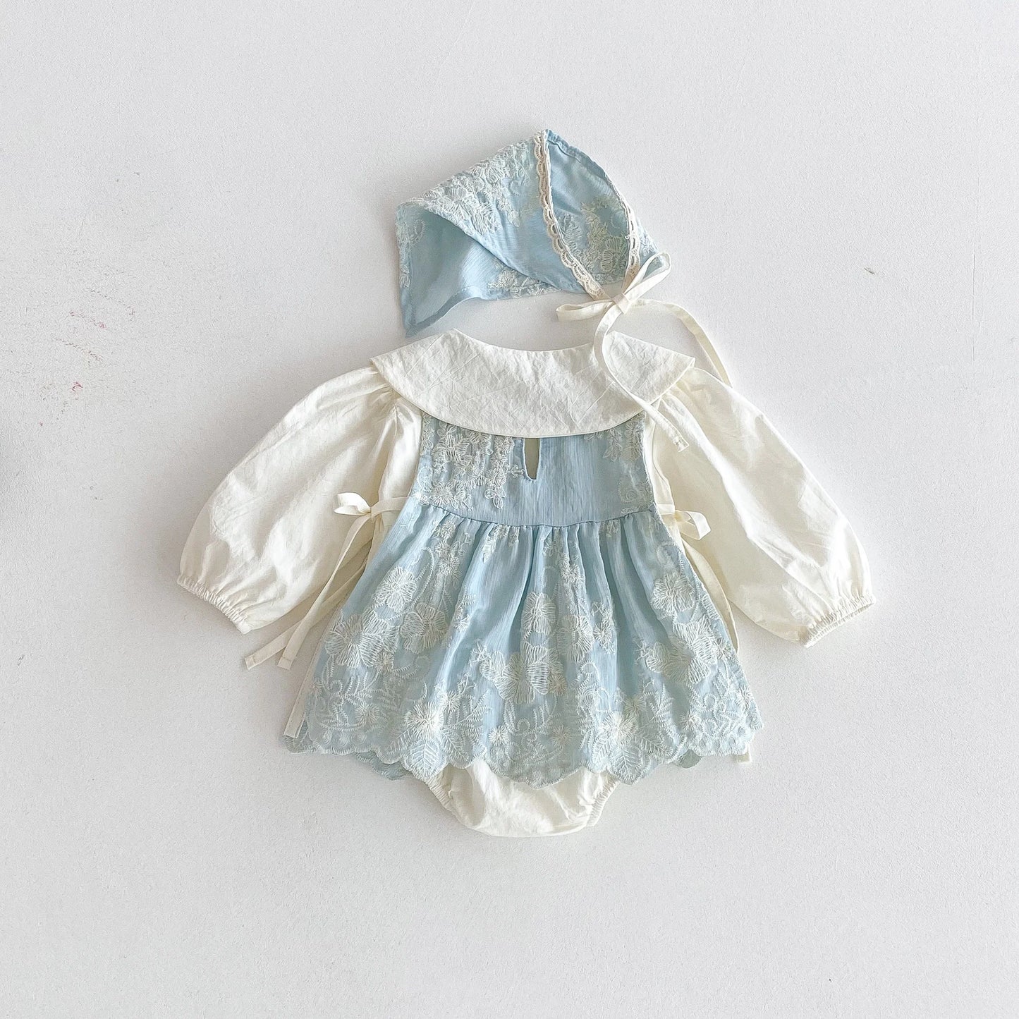 Baby Girl Light Blue Lace Romper Set | Newborn Vintage Outfit