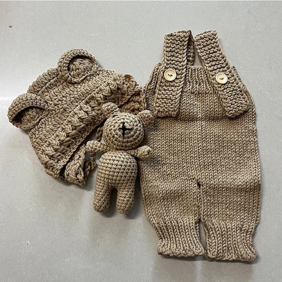 3pcs Newborn Photography Outfit | Knit Romper, Bear Hat & Teddy Set