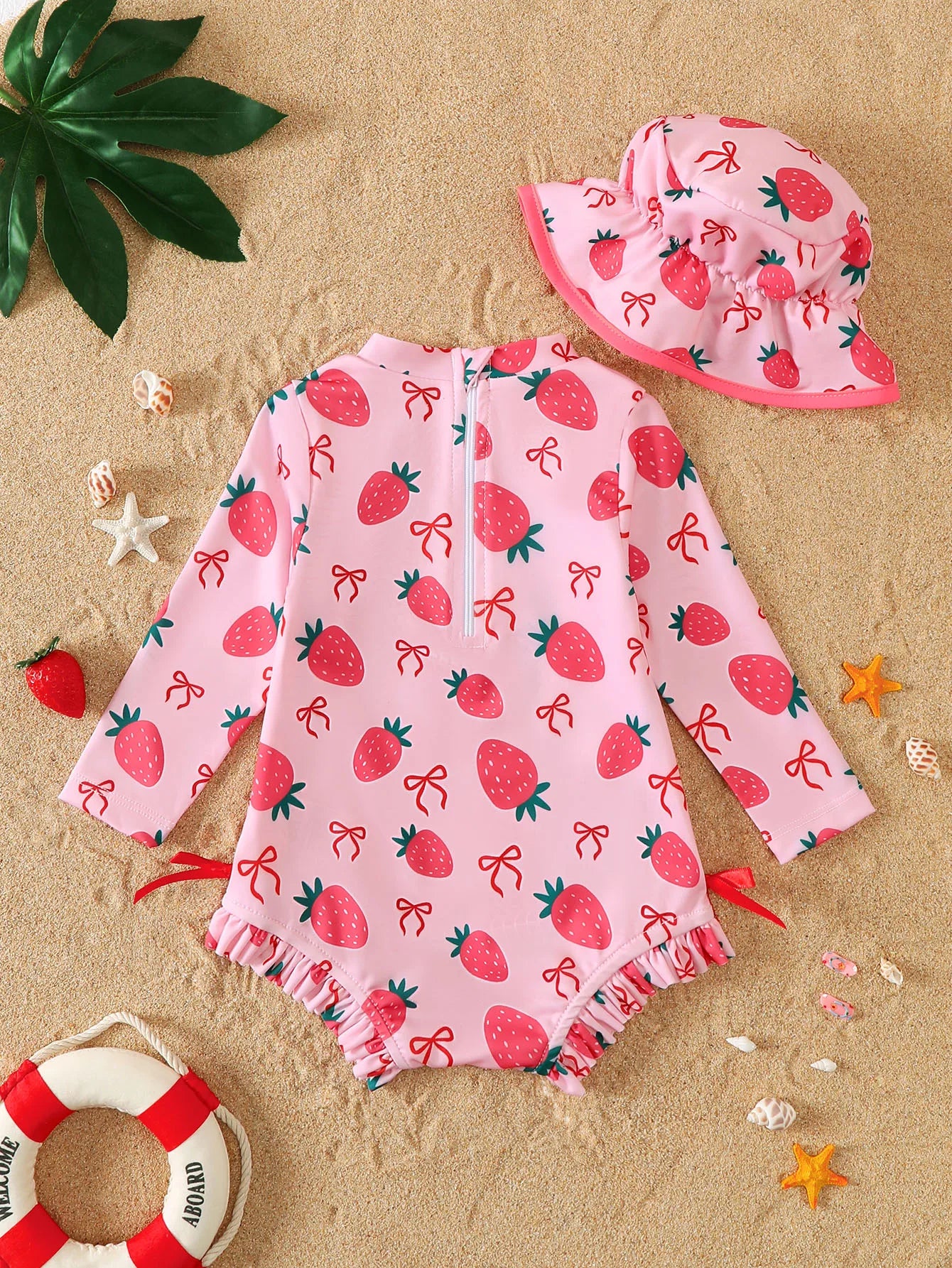Traje de baño de fresa para bebé niña con gorro, UPF50+ Traje de baño de manga larga, Ropa de protección solar para playa y piscina de verano