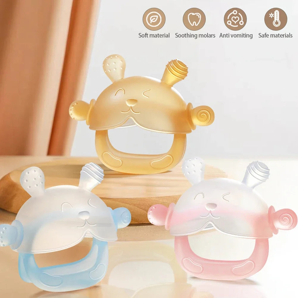 Three baby teething rings in yellow, blue, and pink on a light background with icons and text indicating features.