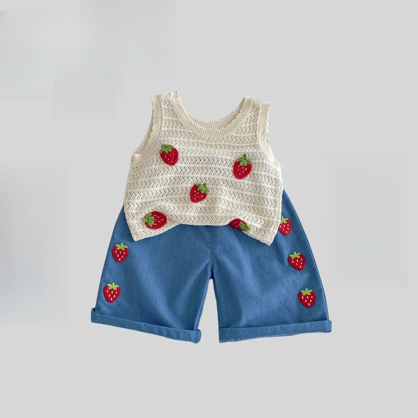 Toddler Strawberry Outfit Set | Knit Top & Shorts Summer Baby Clothes
