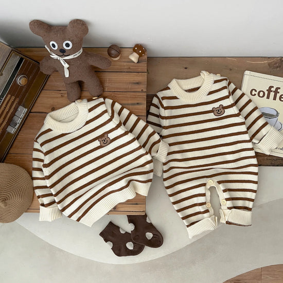 Baby striped embroidered teddy bear jumpsuit