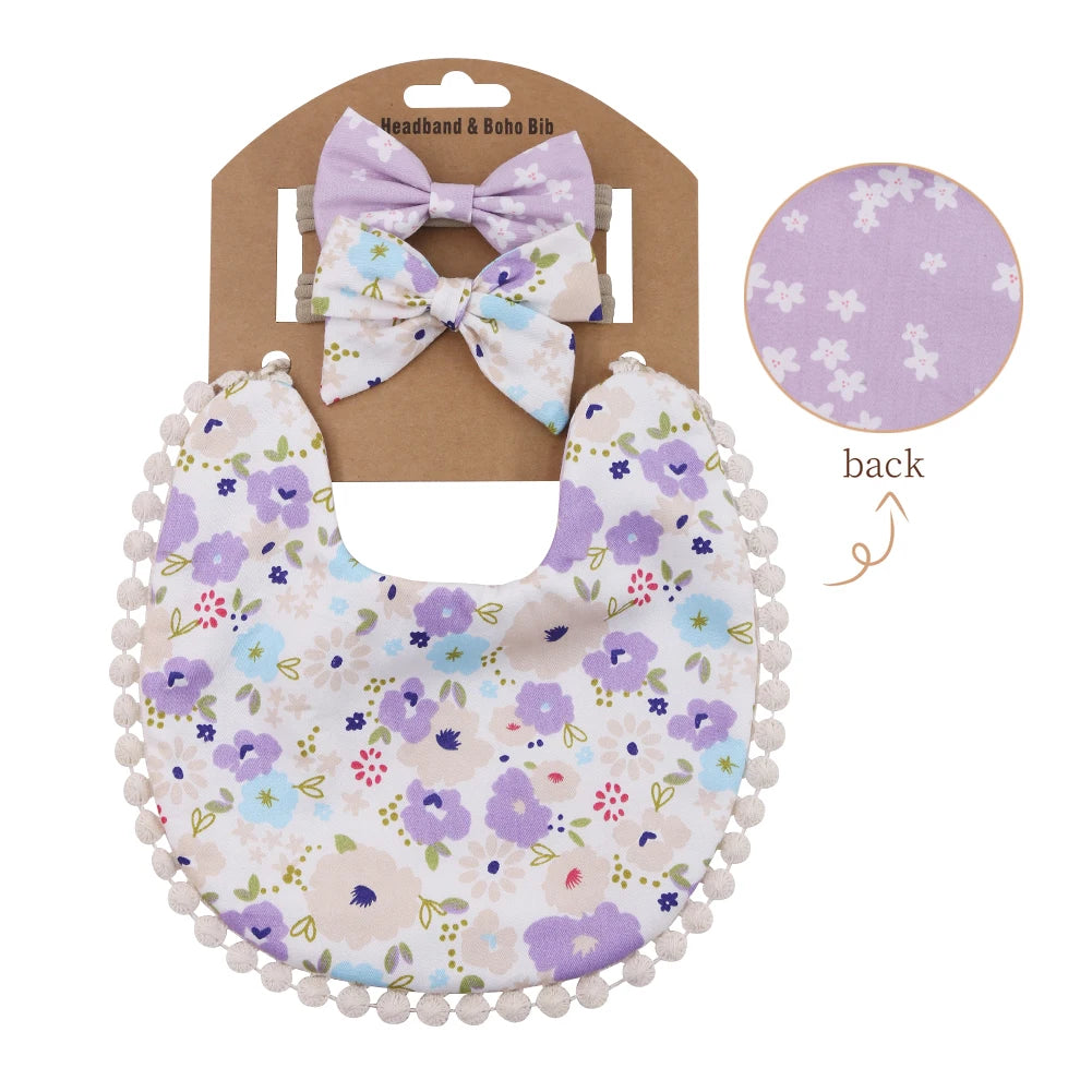 3-Piece Baby Bib & Headband Set – Cotton Pom Pom Bib with Matching Bow