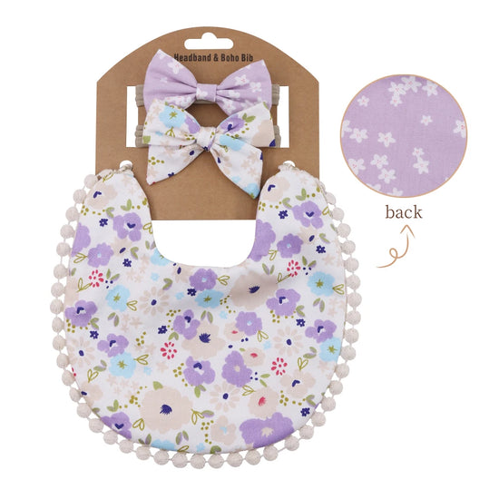 3-Piece Baby Bib & Headband Set – Cotton Pom Pom Bib with Matching Bow