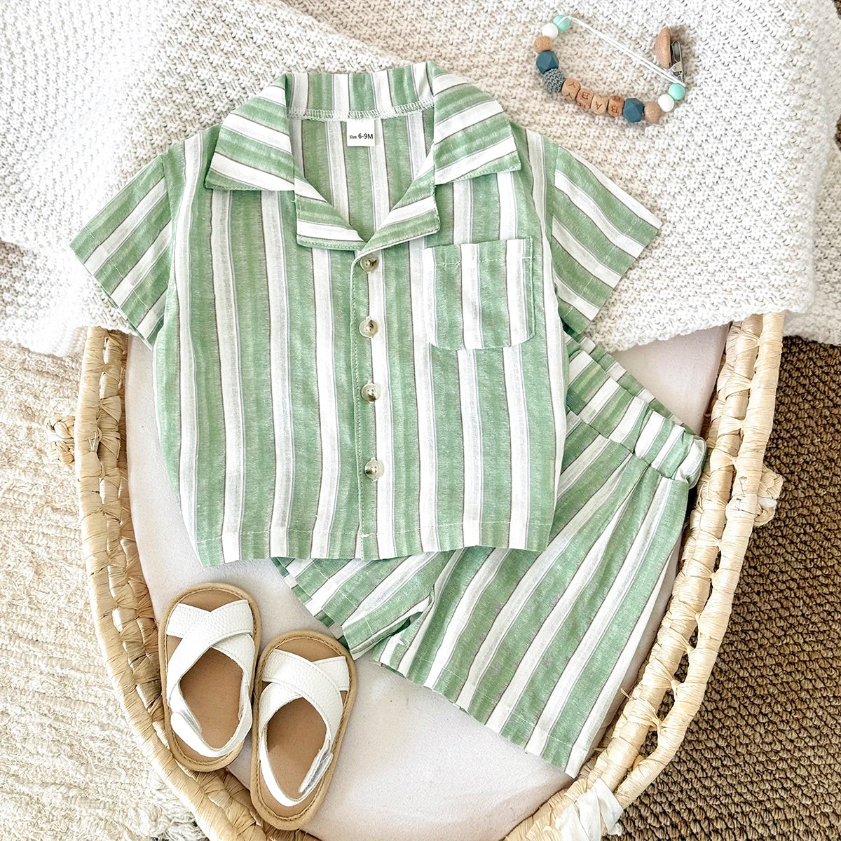 Baby Boy Summer Outfit Set Green Striped Shirt & Shorts | Toddler Vacation Clothes