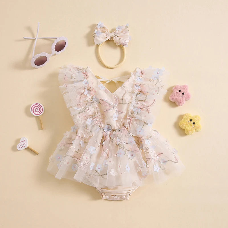 Baby Girl Floral Tulle Romper with Bow | Newborn Toddler Princess Outfit
