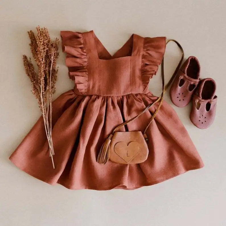Baby Girl Ruffle Linen Dress | Sleeveless Summer Toddler Dress with Bow