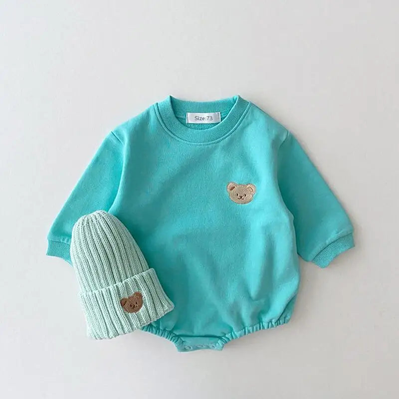 Baby Unisex Long Sleeve Romper | Soft Cotton Bear Embroidered Infant Bodysuit