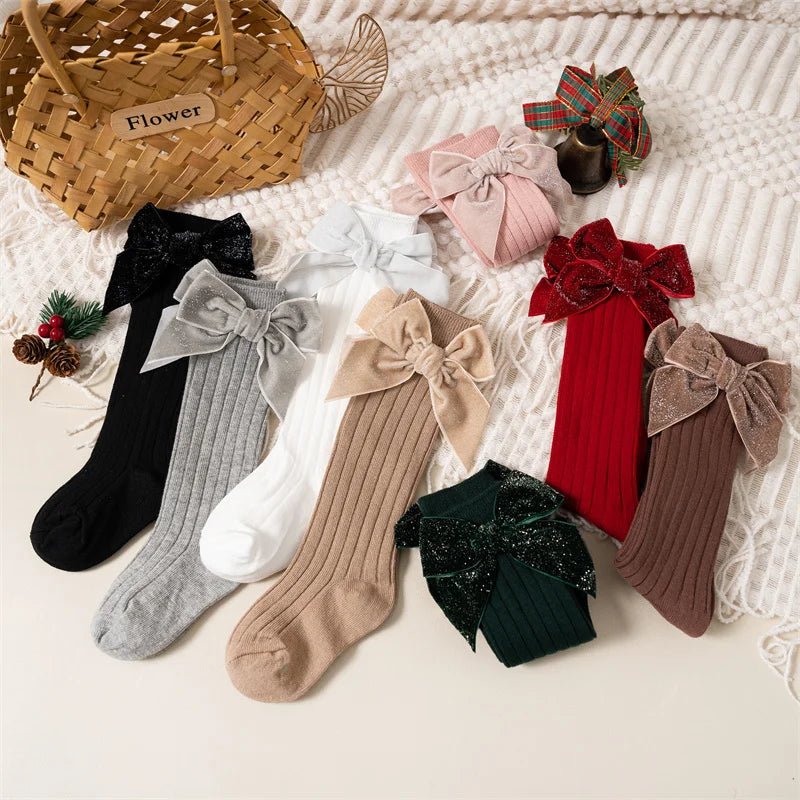 Velvet Bow Knee-High Socks for Baby Girls – Holiday & Everyday Outfit Accessory | MGK & Co
