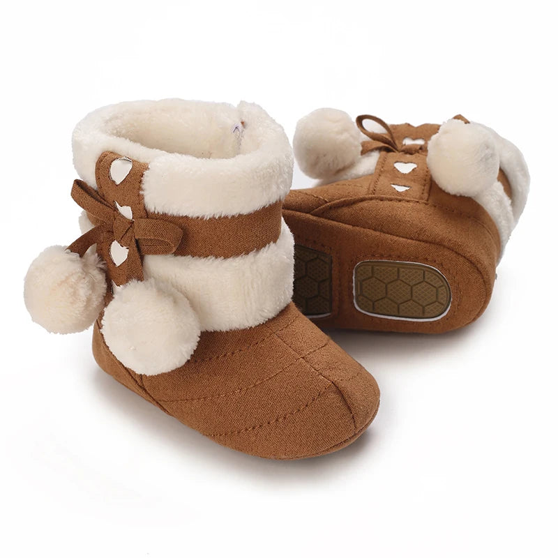 Winter Baby Girls Boots – Cute Bow Plush Pom Snow Shoes for Toddlers & Infants