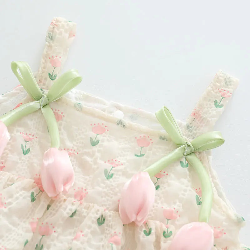 Baby Girl Floral Lace Romper Dress | Tulip Embroidered Ruffle Outfit with Straps (0–24 Months)