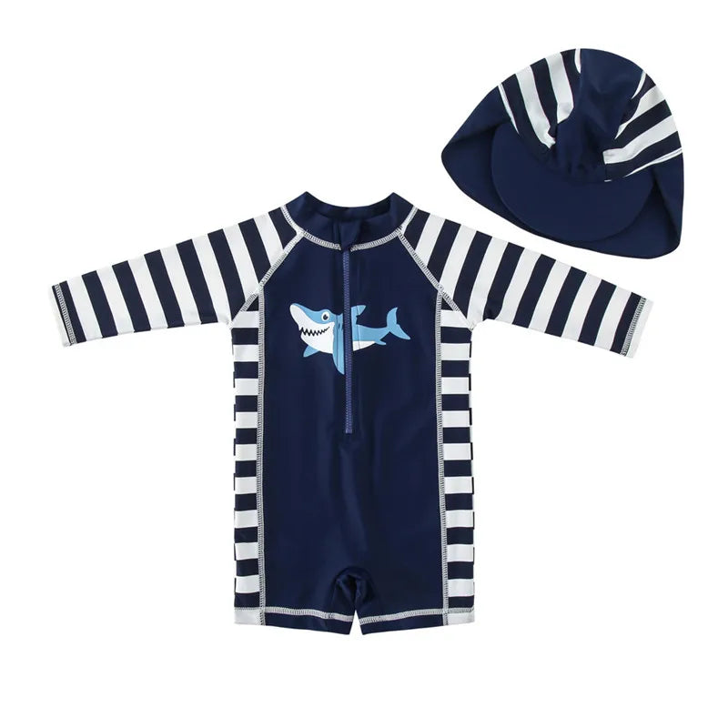 Baby Boy Swimsuit With Hat | UPF50+ Sun Protection Swimwear | Long Sleeve Beach & Pool Outfit