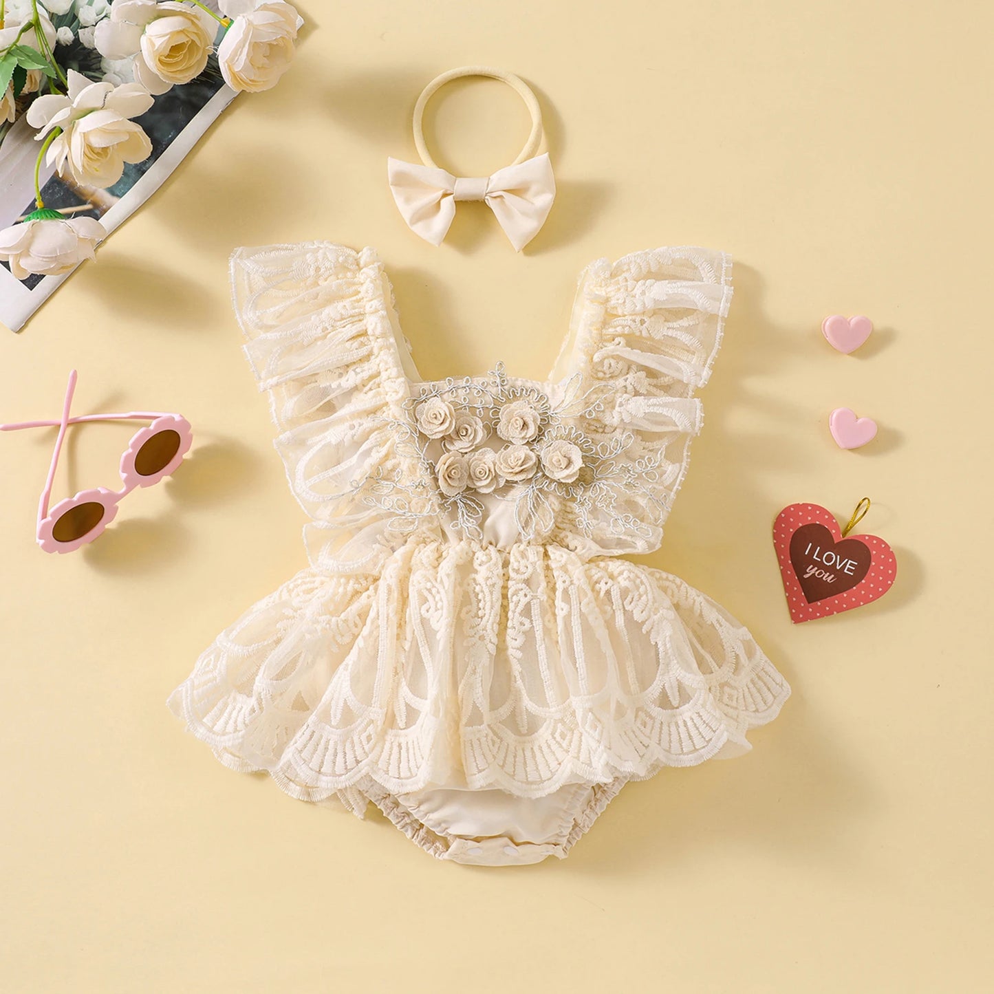Baby Girl Lace Romper Dress with Matching Headband | Special Occasion Outfit