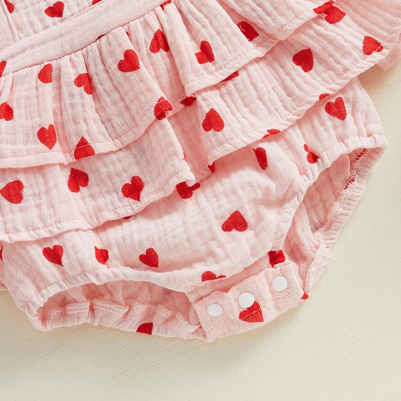 Valentine Baby Romper Set Pink Heart & Bow Ruffle Outfit with Matching Headband