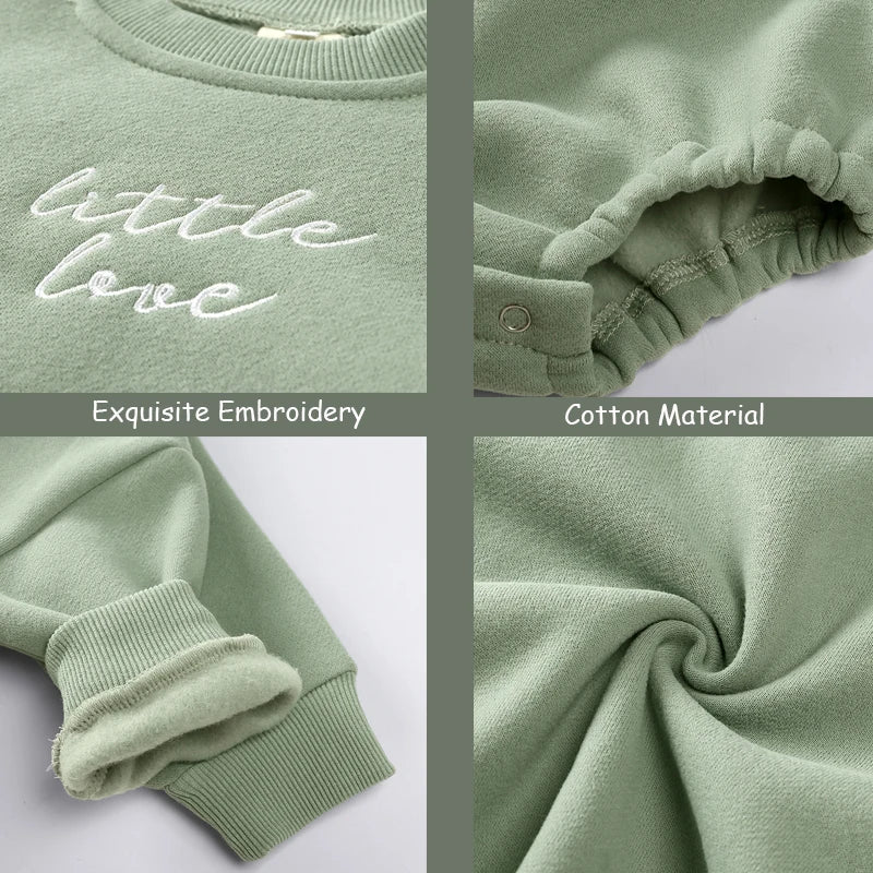 Little Love Embroidered Baby Romper Sweater Romper | Cozy Long Sleeve Onesie | Neutral Baby Outfit | White Sage Brown Grey | Baby Shower Gift