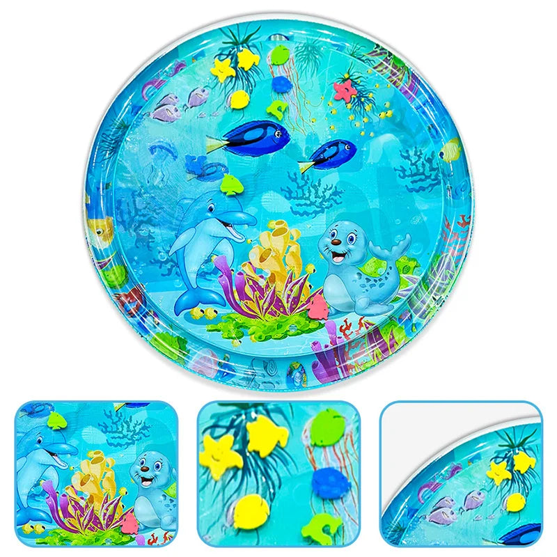 Large Baby Water Play Mat – Inflatable Round Cushion with Dolphin & Seal Pattern | Safe PVC Baby Tummy Time Toy
