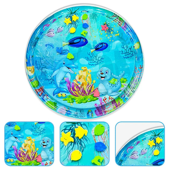 Large Baby Water Play Mat – Inflatable Round Cushion with Dolphin & Seal Pattern | Safe PVC Baby Tummy Time Toy
