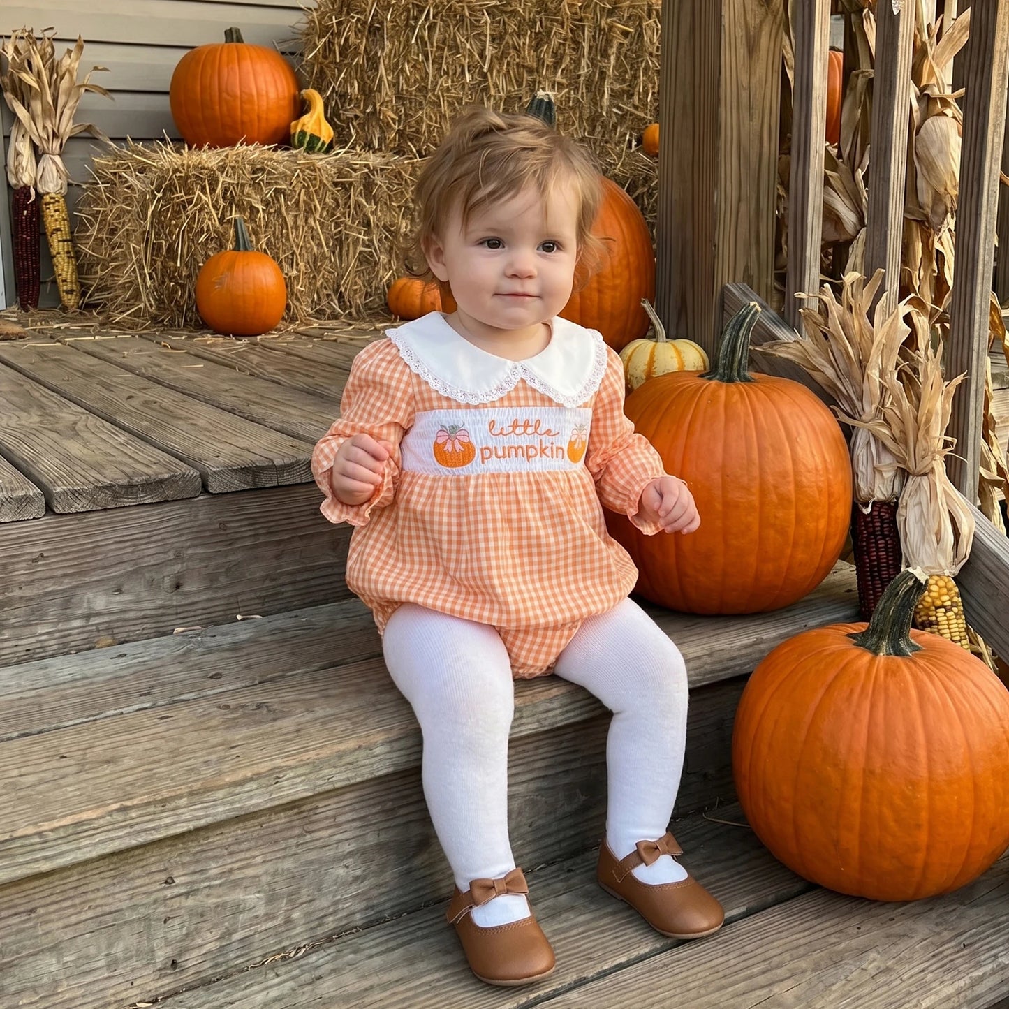 Little Pumpkin Smocked Baby Romper | Orange Gingham Fall Outfit