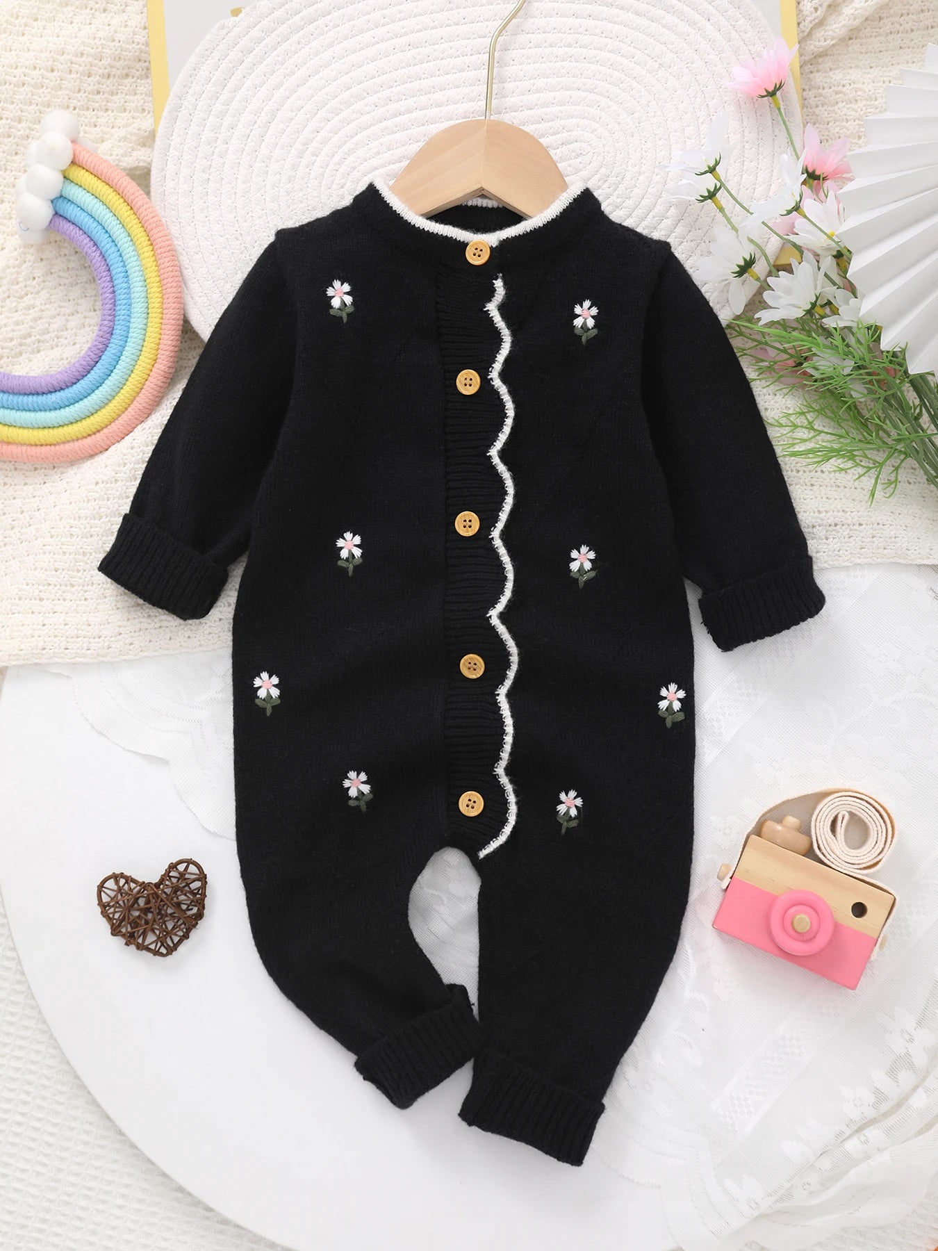 Baby Girl Knitted Jumpsuit | Floral Embroidery Footed Outfit