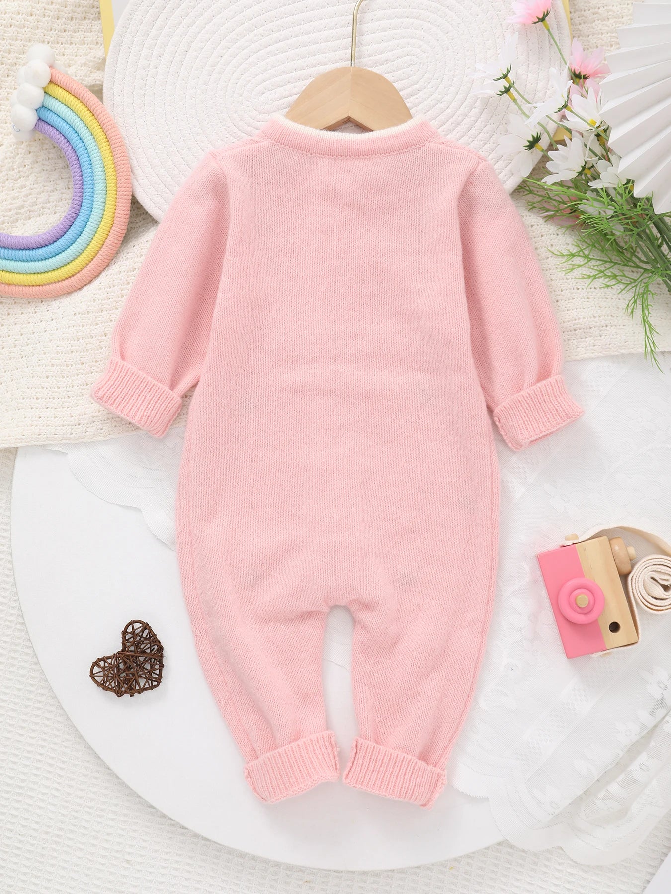 Baby Girl Knitted Jumpsuit | Floral Embroidery Footed Outfit