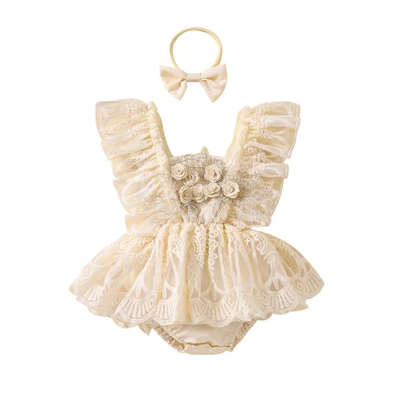 Baby Girl Lace Romper Dress Ivory | Floral Tulle Princess Outfit