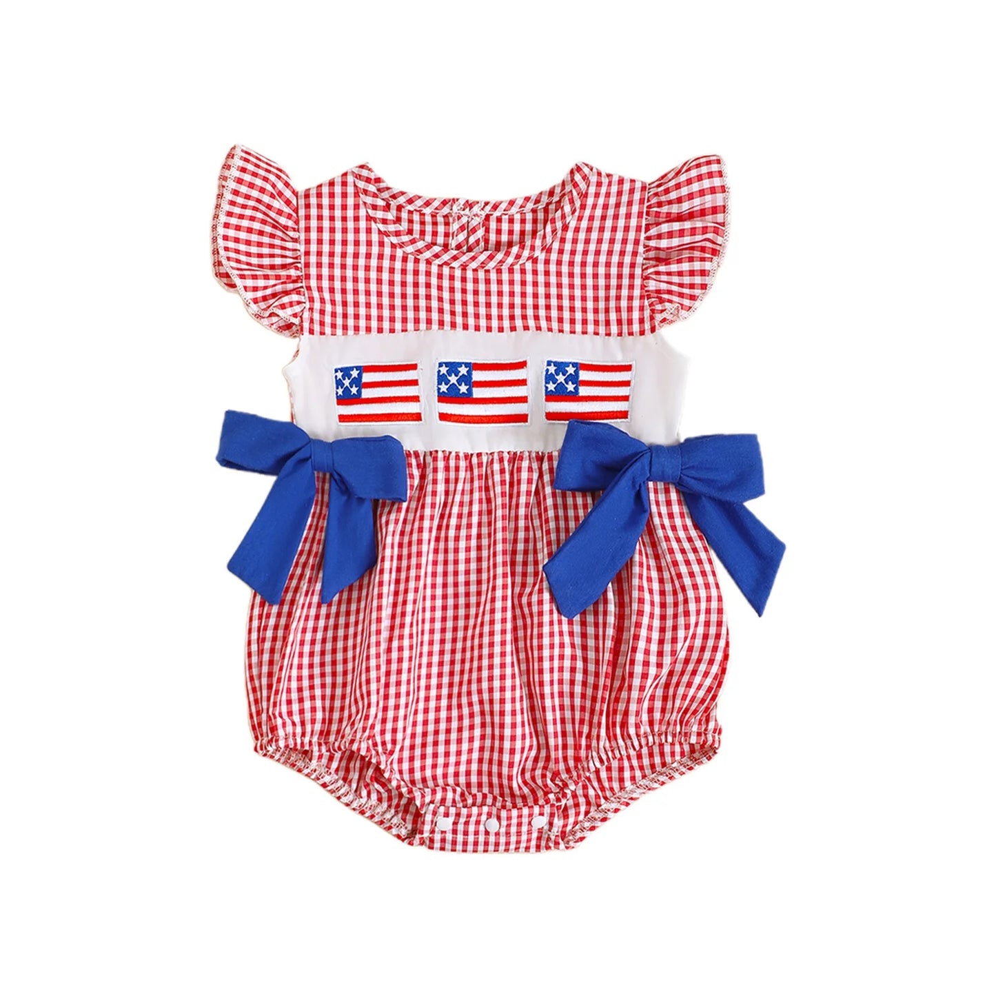 Baby Girl Patriotic Romper | 4th of July USA Flag Outfit Gingham Summer Set