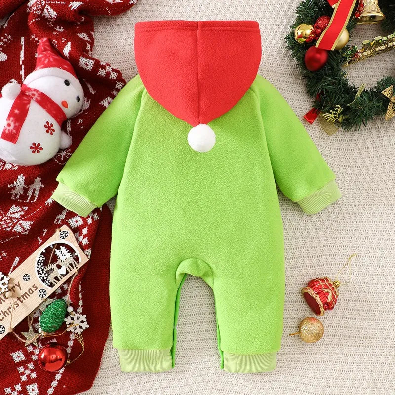 Newborn Infant Baby Boys Girls Christmas Romper Green Fleece Jumpsuit With Red Hood And Heart Warm Outfit 0 24M