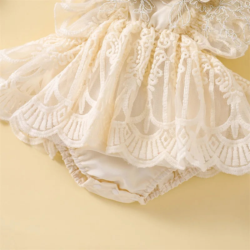 Baby Girl Lace Romper Dress Ivory | Floral Tulle Princess Outfit