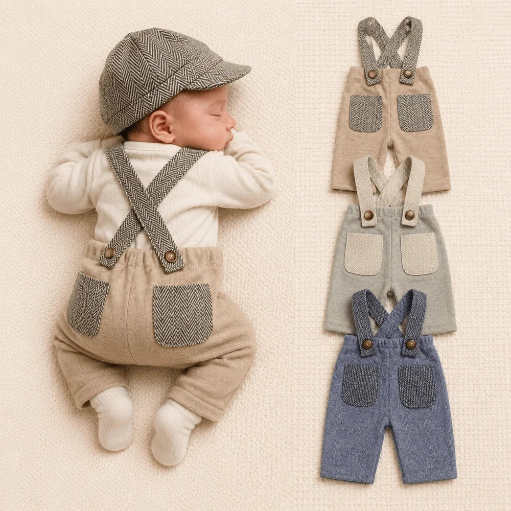 Baby boy vintage suspender pants and matching herringbone newsboy cap outfit available in multiple colors