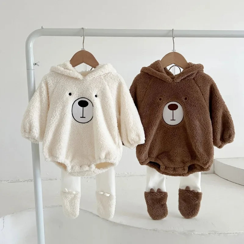Newborn Baby Clothes Autumn Winter Hooded Cute Bear Jumpsuit Long-Sleeved Warm Plush Infant Romper Clothes+Pant Set Kids Costume
